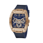 Guess Phoenix Multifunction Men's Watch, Rose Gold Tonneau Case with Blue Silicone Strap - Image 3