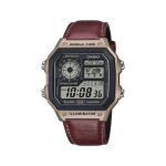 Casio Youth D383 Digital Watch for Men Retro World Time Display with Brown Leather Strap