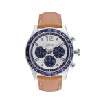 Guess W0970G1 Men’s Watch Bold Silver Dial & Classic Brown Leather Strap