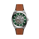 Fossil Everett Men Automatic Green Dial Watch Skeleton Dial with Brown Leather Strap