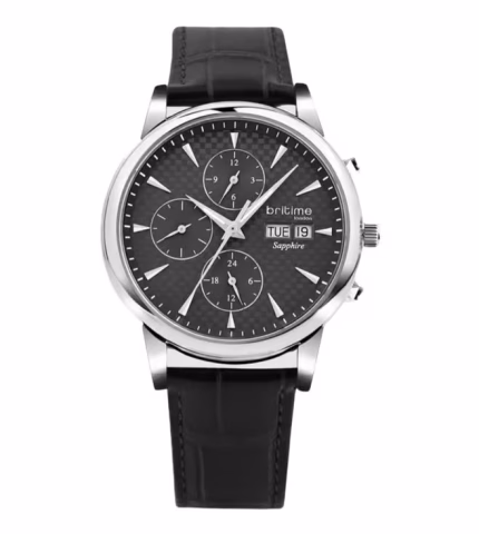 The Britime Automatic Chronograph Men 34 mm 928-L10406 is a sophisticated timepiece that blends precision engineering with timeless style. Featuring a bold black analog dial housed in a durable 34 mm case, this watch is powered by a high-quality automatic movement for reliable performance.